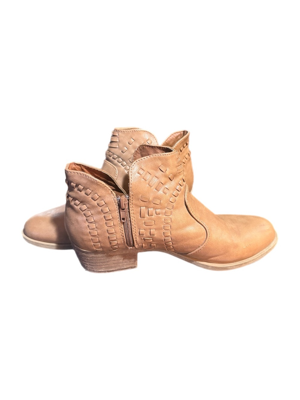 Women's Tan Leather Ankle Boots with Woven Detail